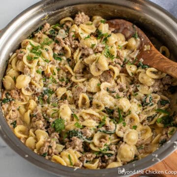 Orecchiette with sausage and spinach in a large skillet.