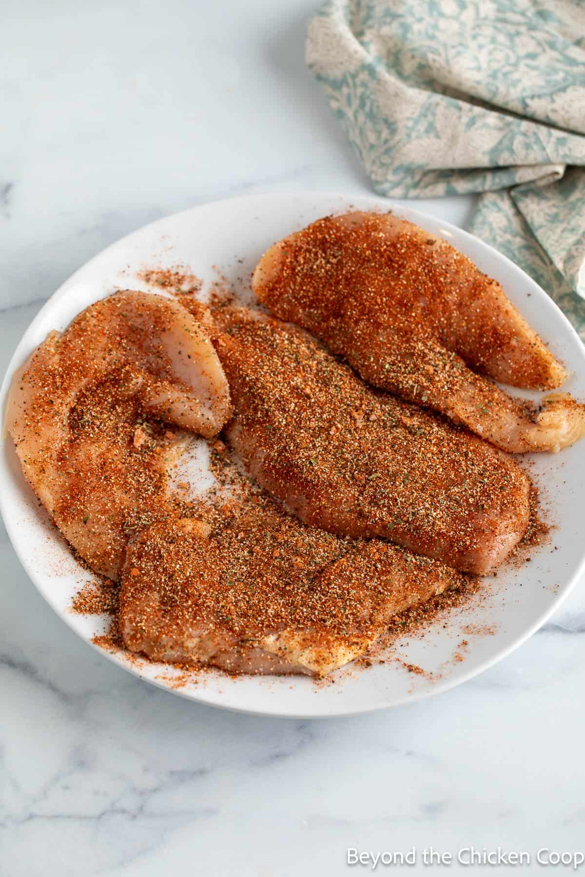 Seasoned chicken breasts on a white plate. 