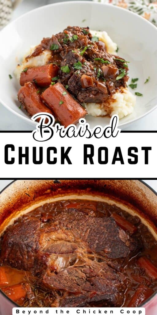 Braised beef with carrots on top of mashed potatoes.