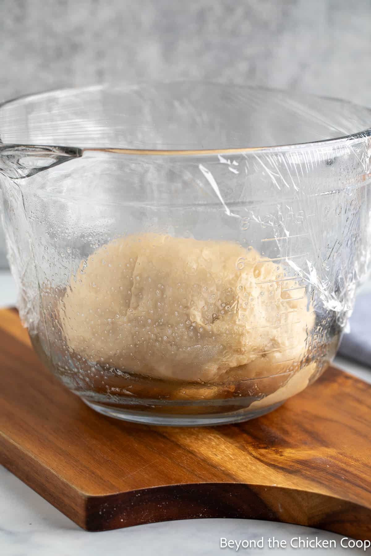 Bread dough in a glass bowl. 