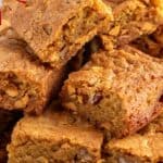 A plate filled with cookie bars filled with chips and pecans.