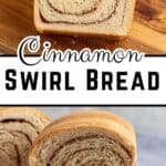 Slices of bread with cinnamon on a wooden cutting board.