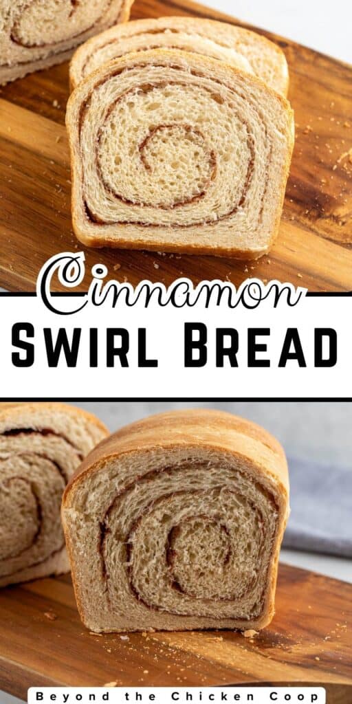 Slices of bread with cinnamon on a wooden cutting board.