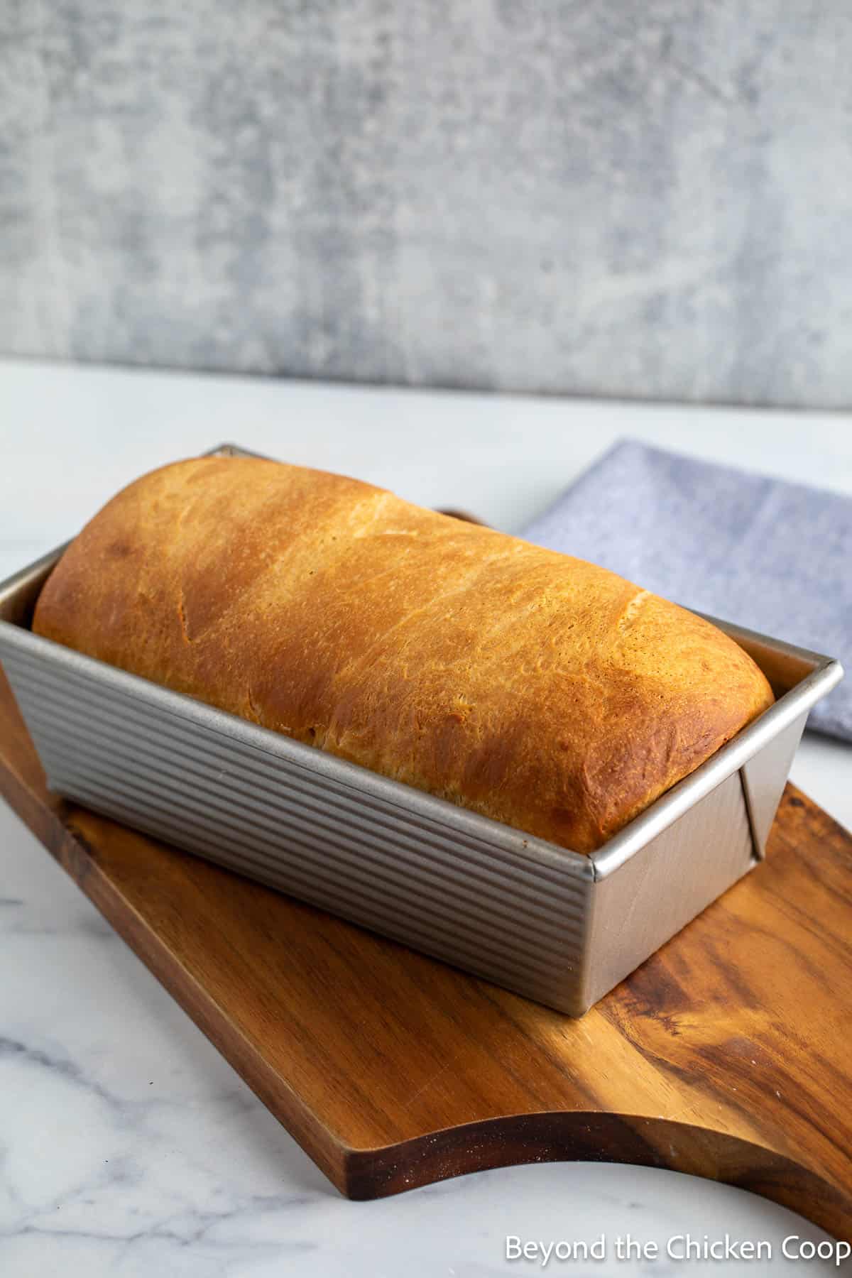 A baked loaf of bread in a bread pan. 