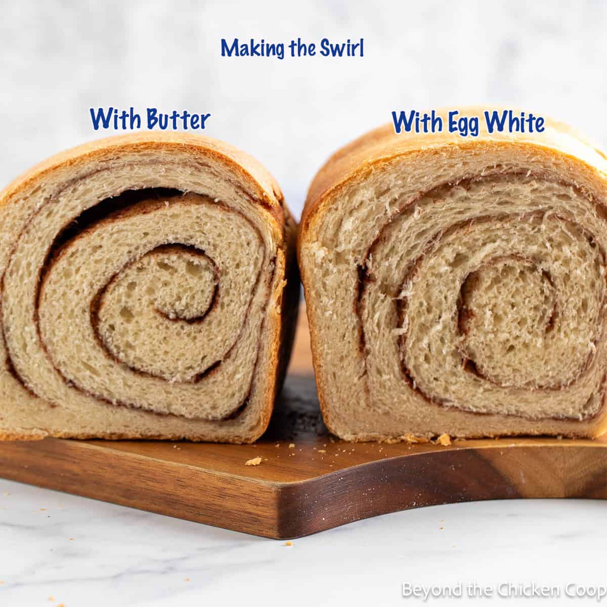 Two loaves of cinnamon swirl bread. 