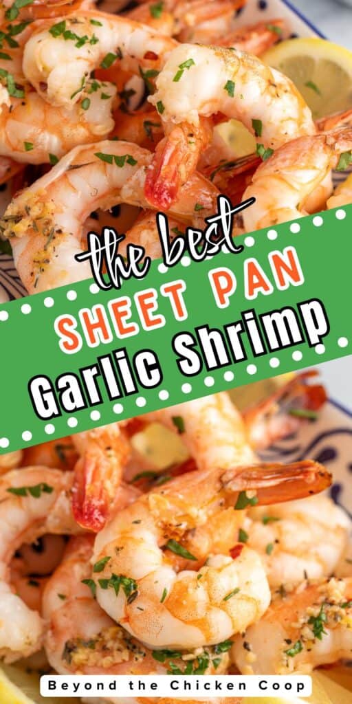 Sheet pan garlic butter shrimp topped with parsley.