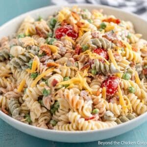 Bacon Ranch Pasta Salad in a white bowl.