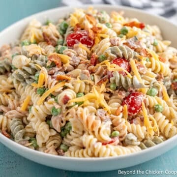 Bacon Ranch Pasta Salad in a white bowl.