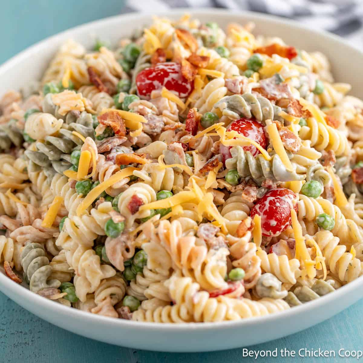 Bacon Ranch Pasta Salad in a white bowl.
