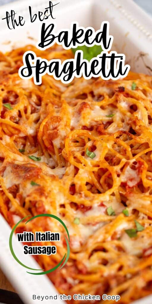 Pasta casserole topped with freshly chopped basil.