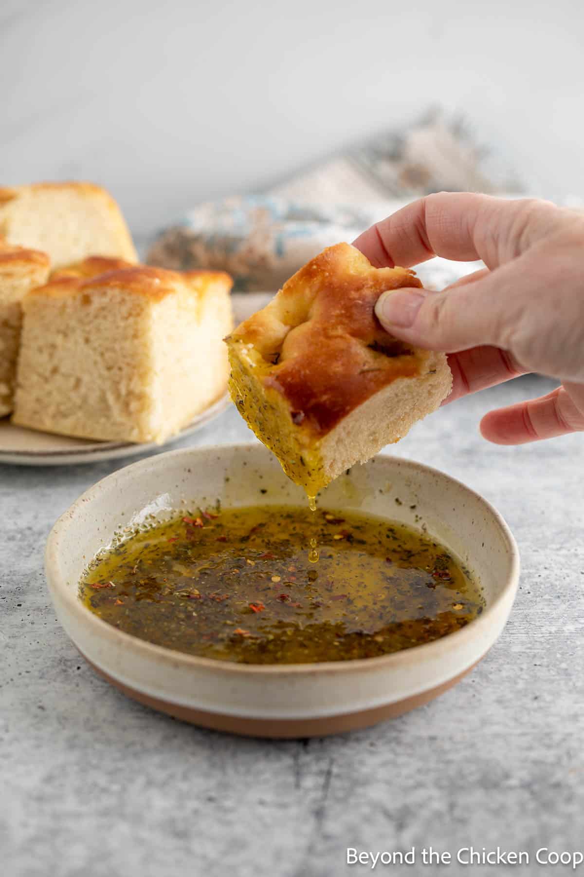 Focaccia bread dripping with olive oil. 