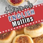 English muffins in a pile and on topped with jam.