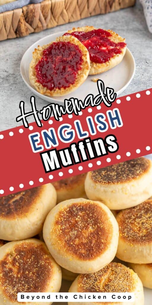 English muffins in a pile and on topped with jam.
