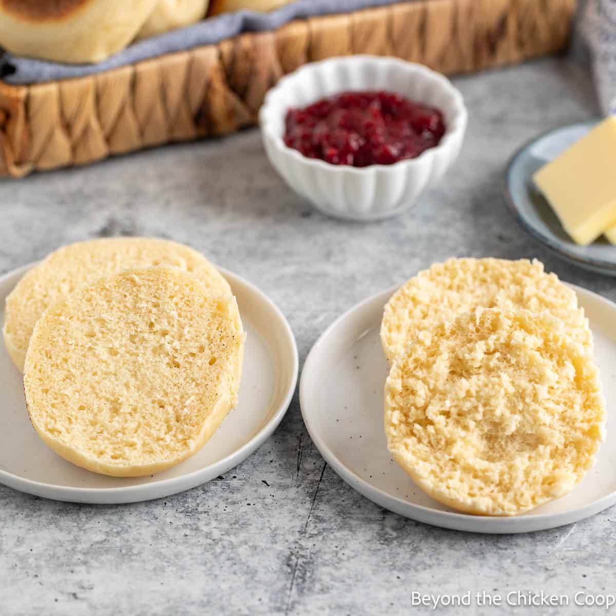 Fork split and knife split English Muffins.