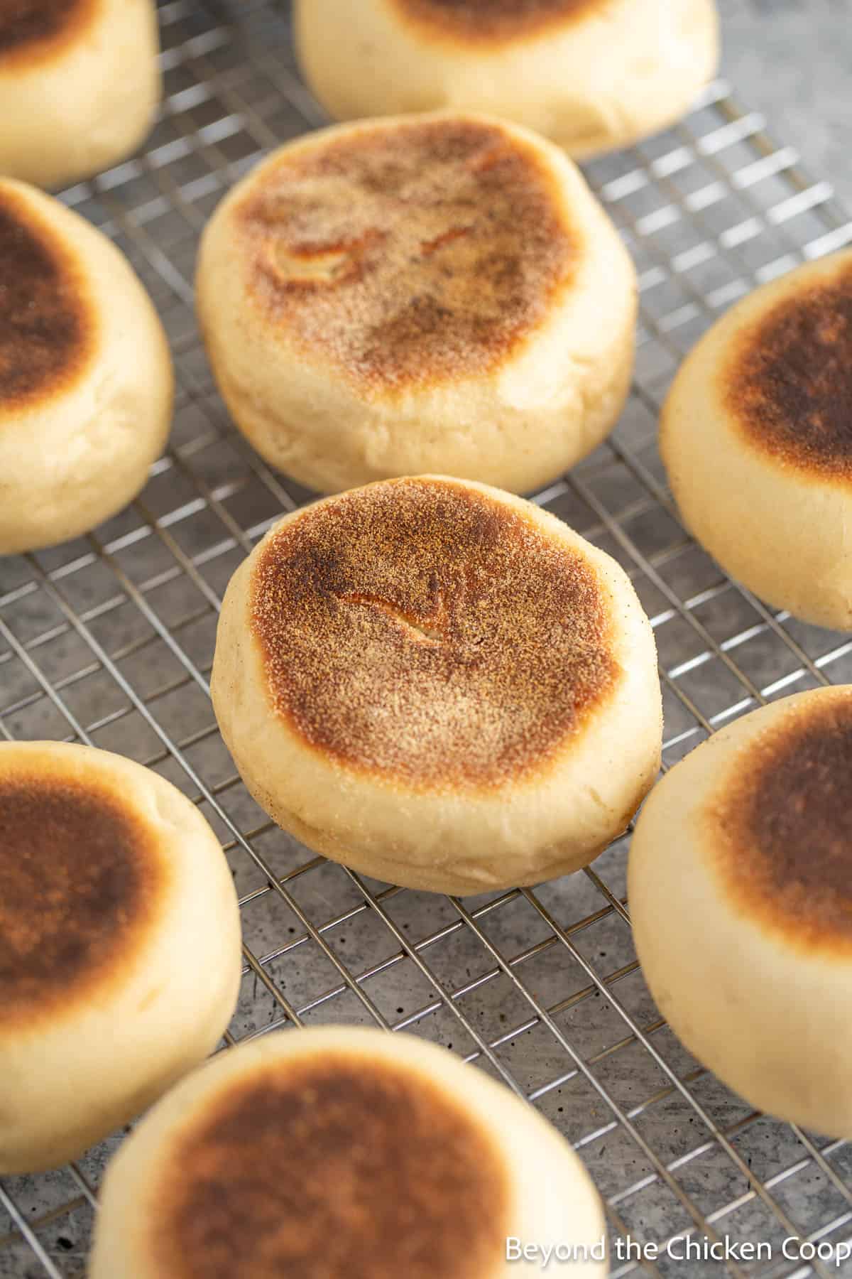 English muffins on a baking rack. 