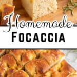 Squares of homemade focaccia bread on a wooden board.