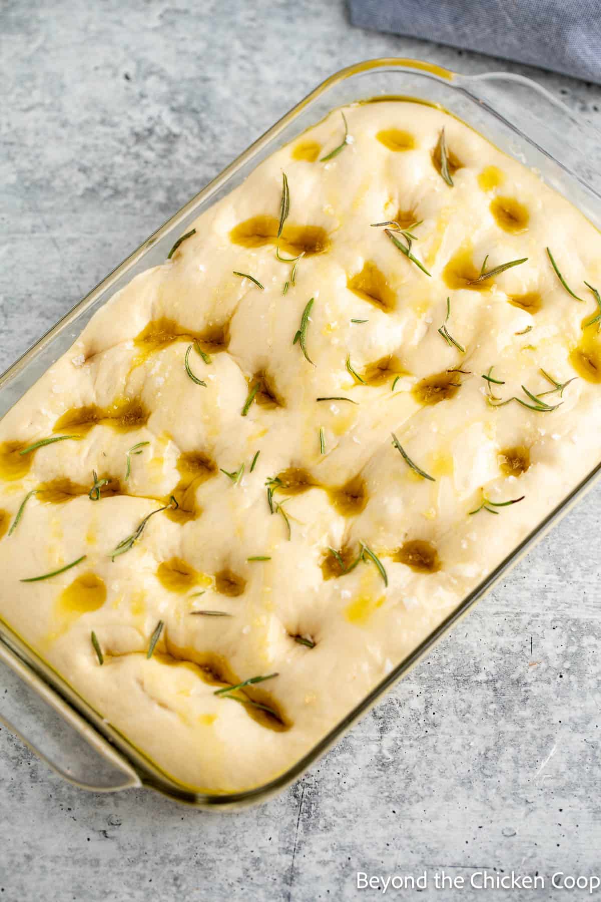 Bread dough in a casserole dish topped with olive oil, rosemary, and salt. 
