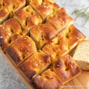Homemade Focaccia Bread cut into squares.