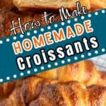 Flaky croissants stacked on a baking rack.