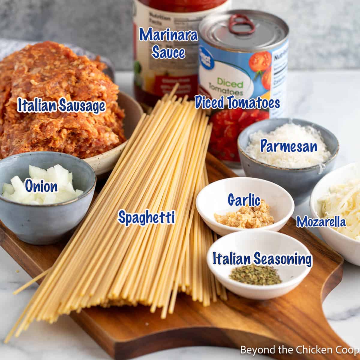 Ingredients for making baked spaghetti. 