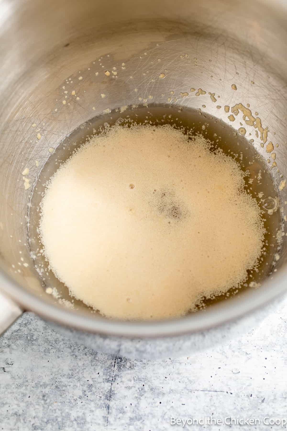 Activated yeast in a mixing bowl. 