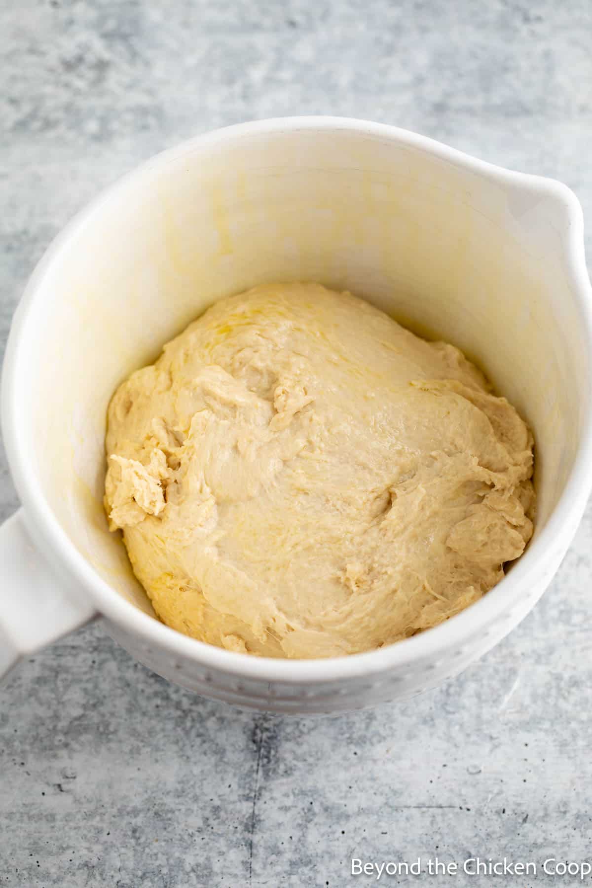 Bread dough in a white bowl. 