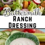 Buttermilk dressing on a salad and in a small bowl.
