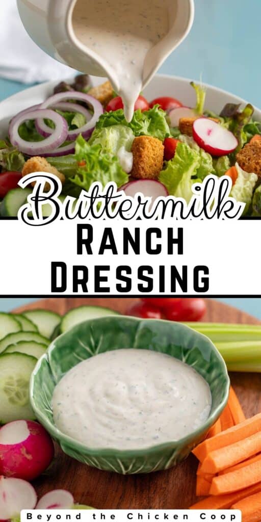 Buttermilk dressing on a salad and in a small bowl.
