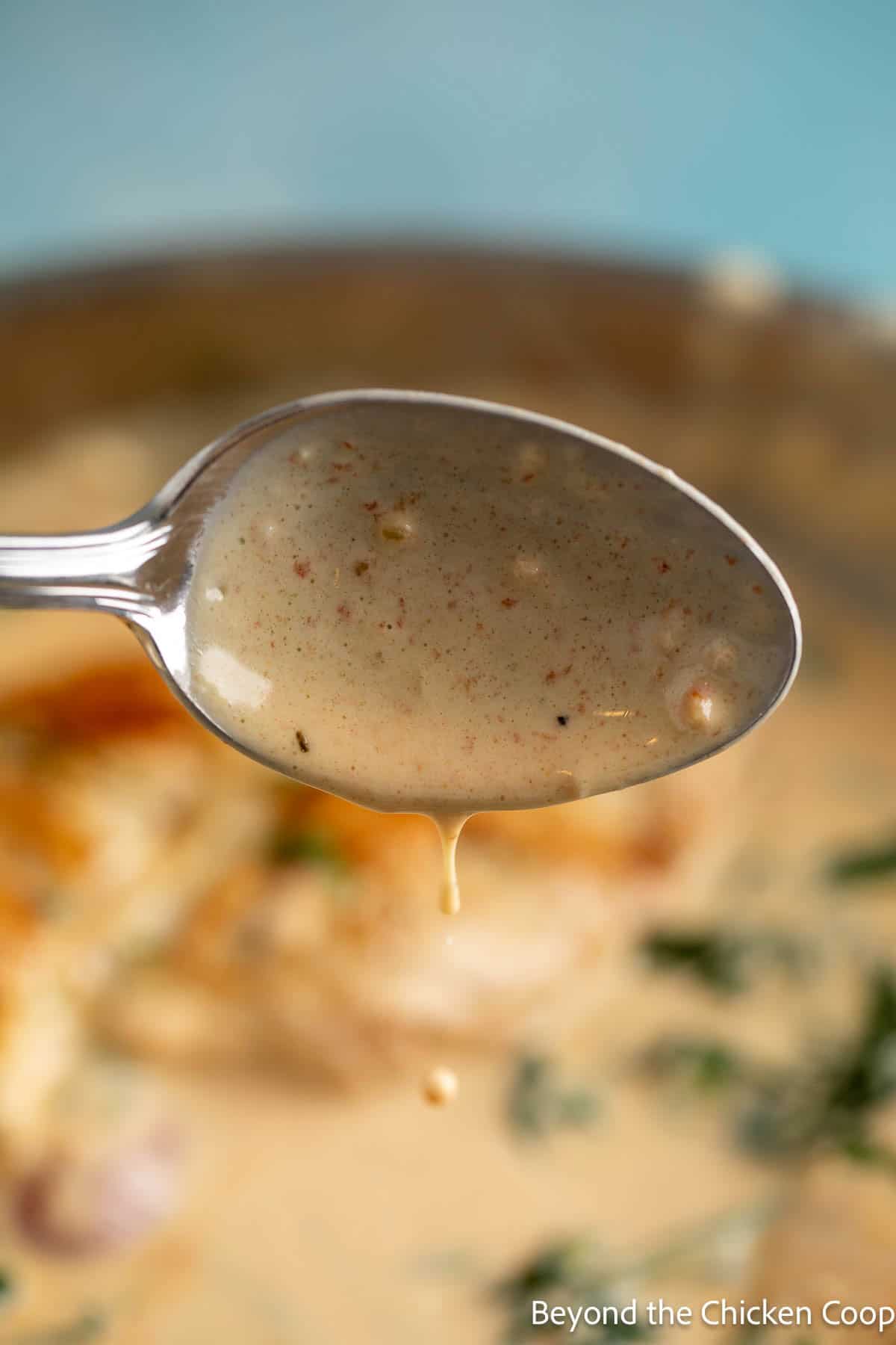 Creamy sauce dripping from a spoon.