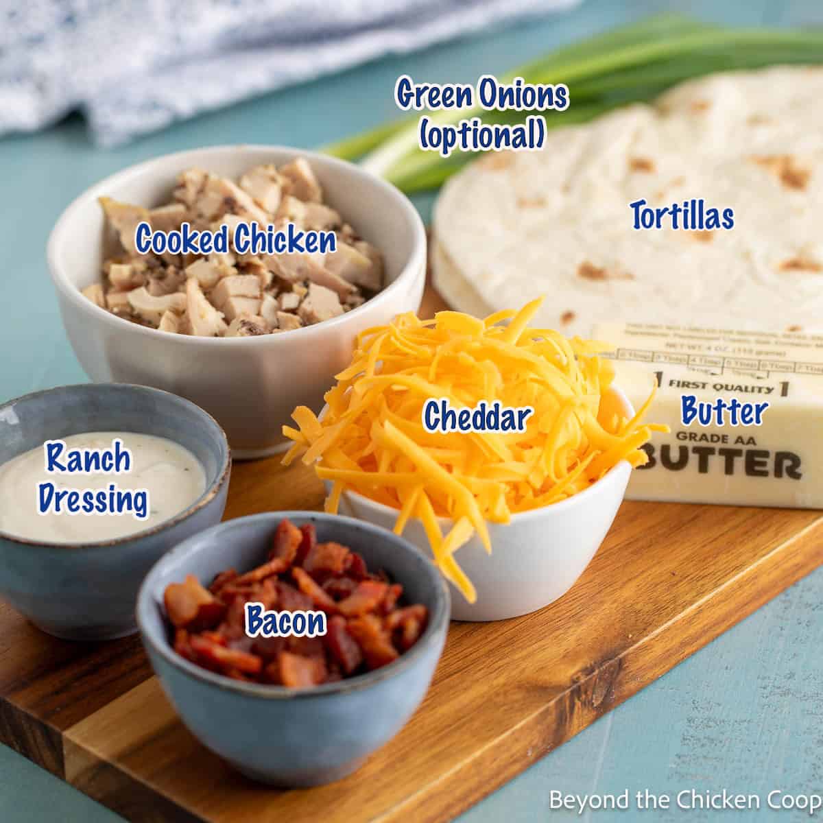 Ingredients for making chicken ranch quesadillas with bacon. 