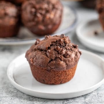 Chocolate Banana Muffin with chocolate chips on a white plate.