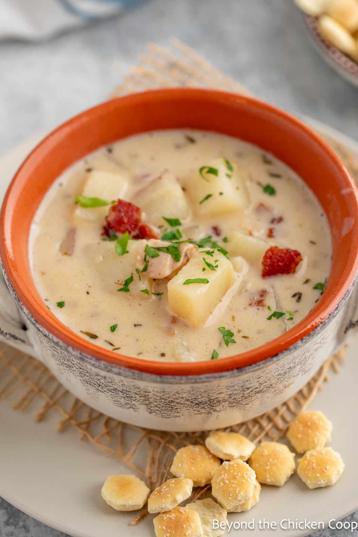 A bowl filled with a potato and clam soup.