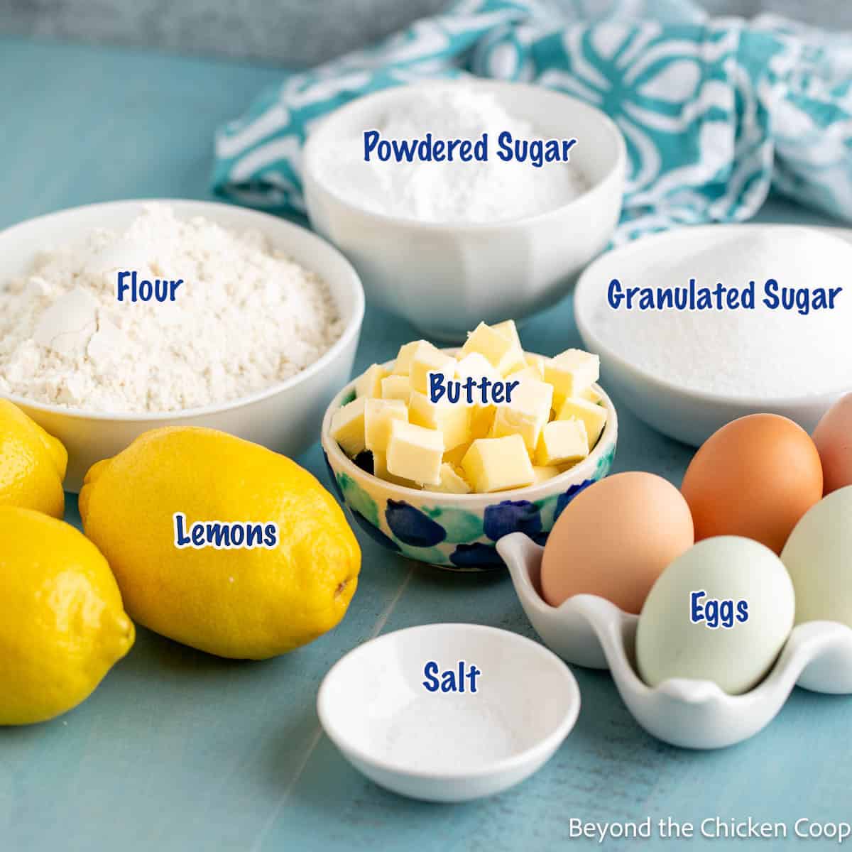 Ingredients for making lemon bars. 