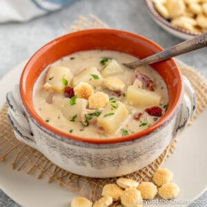 A bowl filled with clam chowder and small crackers.