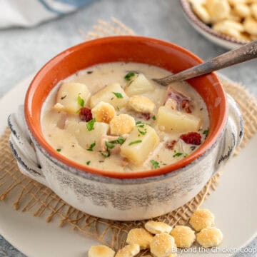 A bowl filled with clam chowder and small crackers.