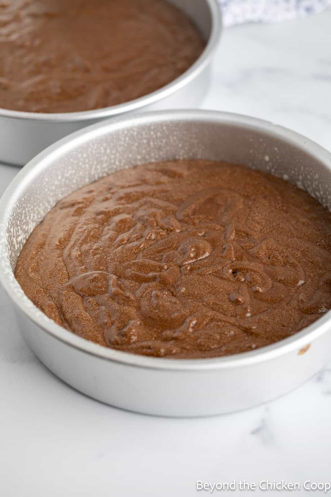 Cake batter in a round cake pan. 