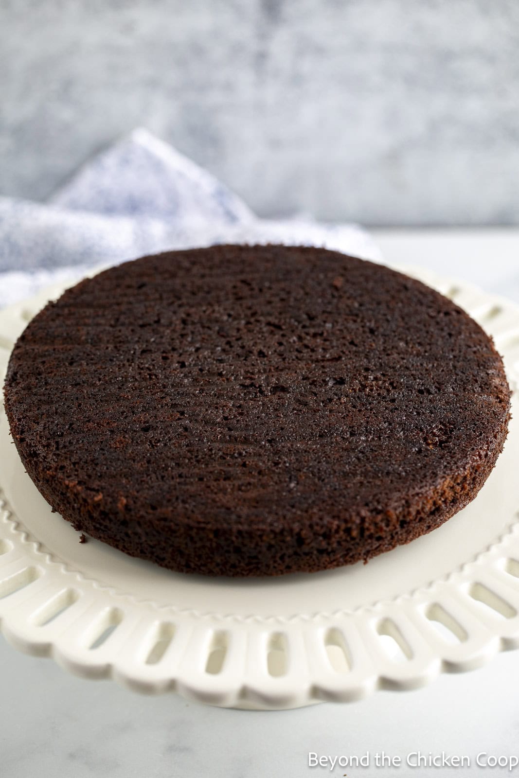 One layer of cake on a white cake stand. 