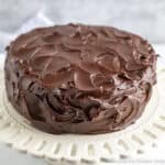 Chocolate Ganache with cocoa powder swirled on a layered cake.