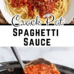 Marinara sauce spooned over spaghetti noodles.