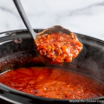 A ladle filled with crock pot spaghetti sauce.