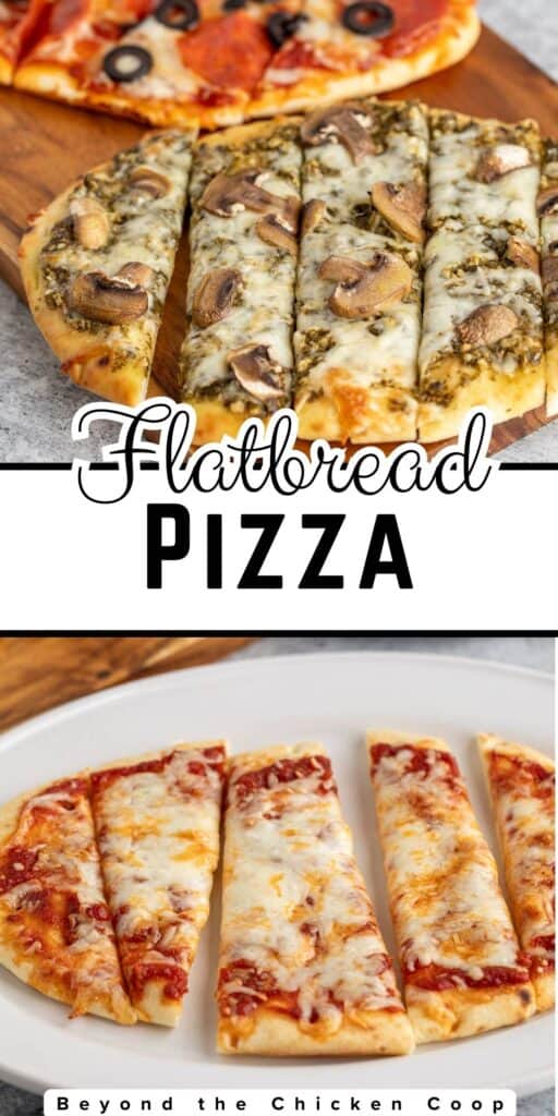 Three different types of pizza sliced.