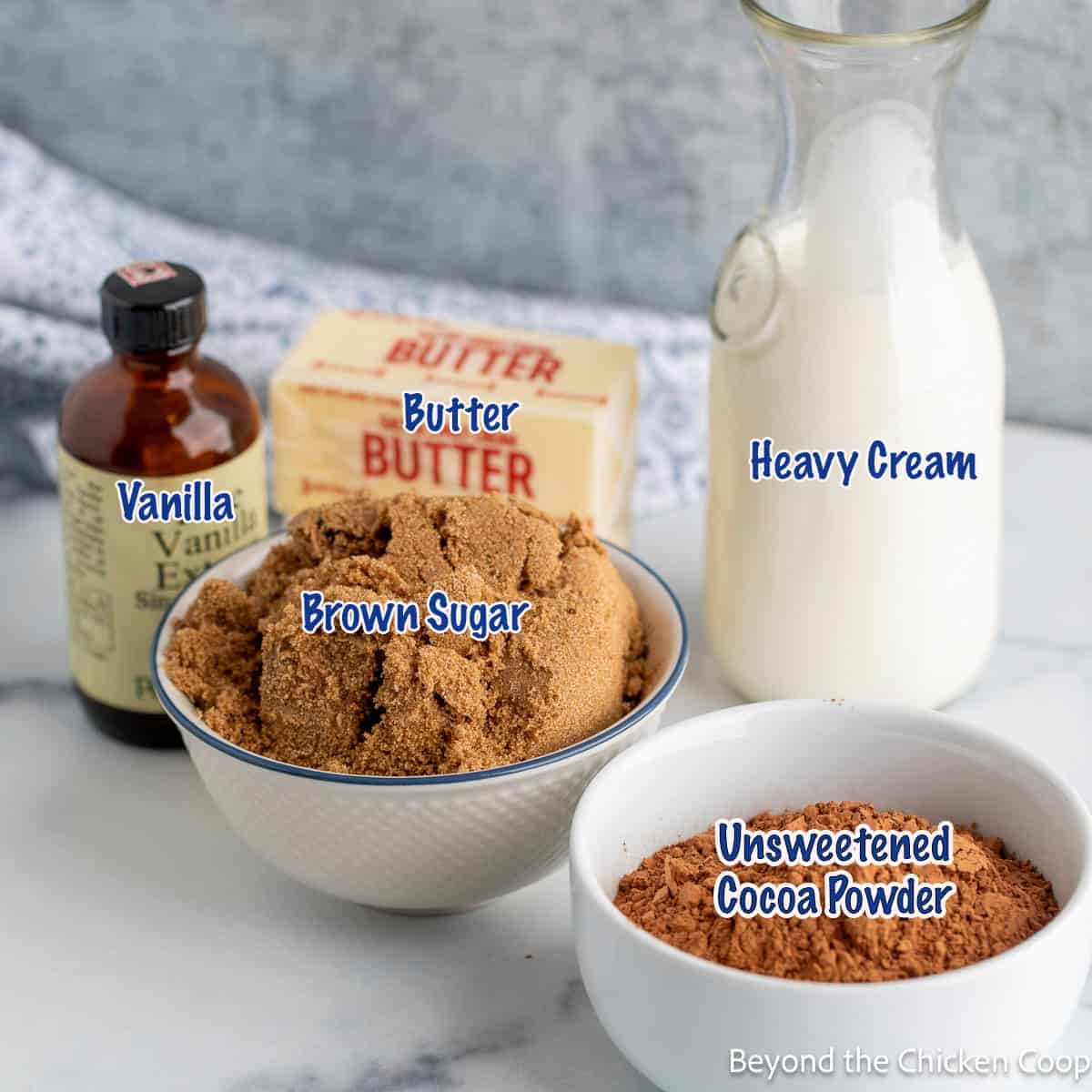 Ingredients for making chocolate frosting. 