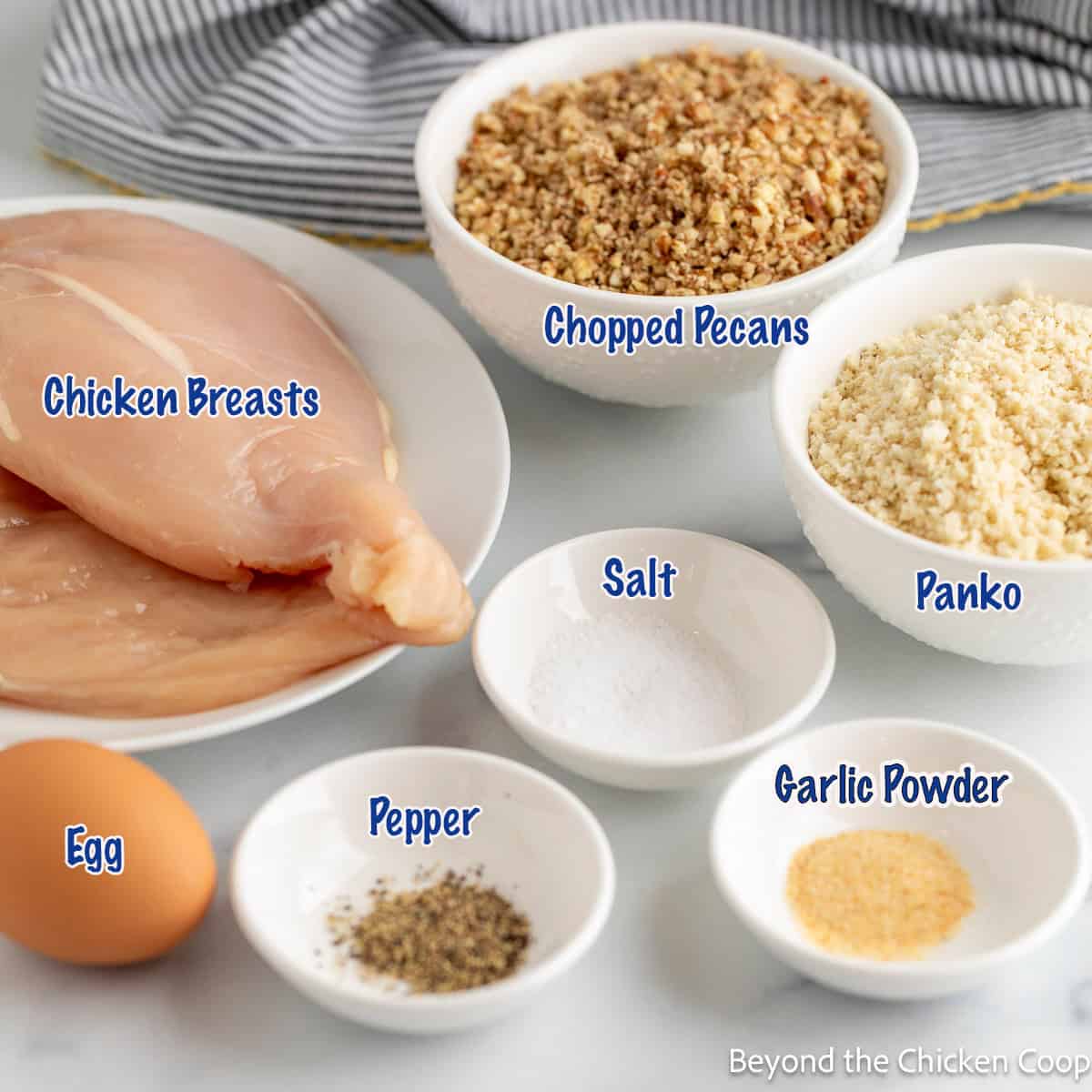 Chicken breasts on a plate next to small bowls filled with seasoning, pecans, and panko. 