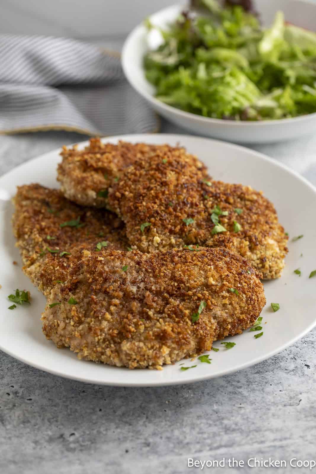 Crispy chicken breasts on a white plate.