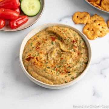 Roasted Eggplant Dip topped with paprika.