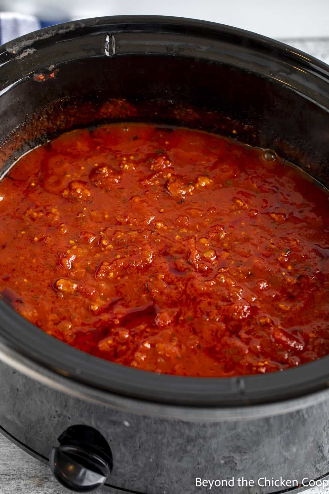 Spaghetti meat sauce in a crock pot. 