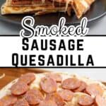 Quesadilla with cheese and jalapeno cheese smokies.