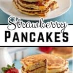 Stacks of pancakes with strawberries and syrup.