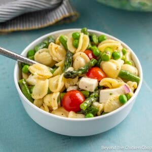 A bowl filled with Orecchiette Pasta Salad.