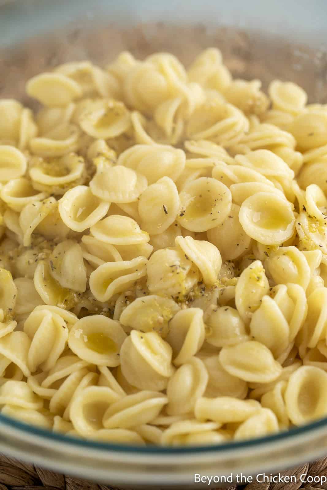 Orecchiette pasta topped with a lemon dressing. 